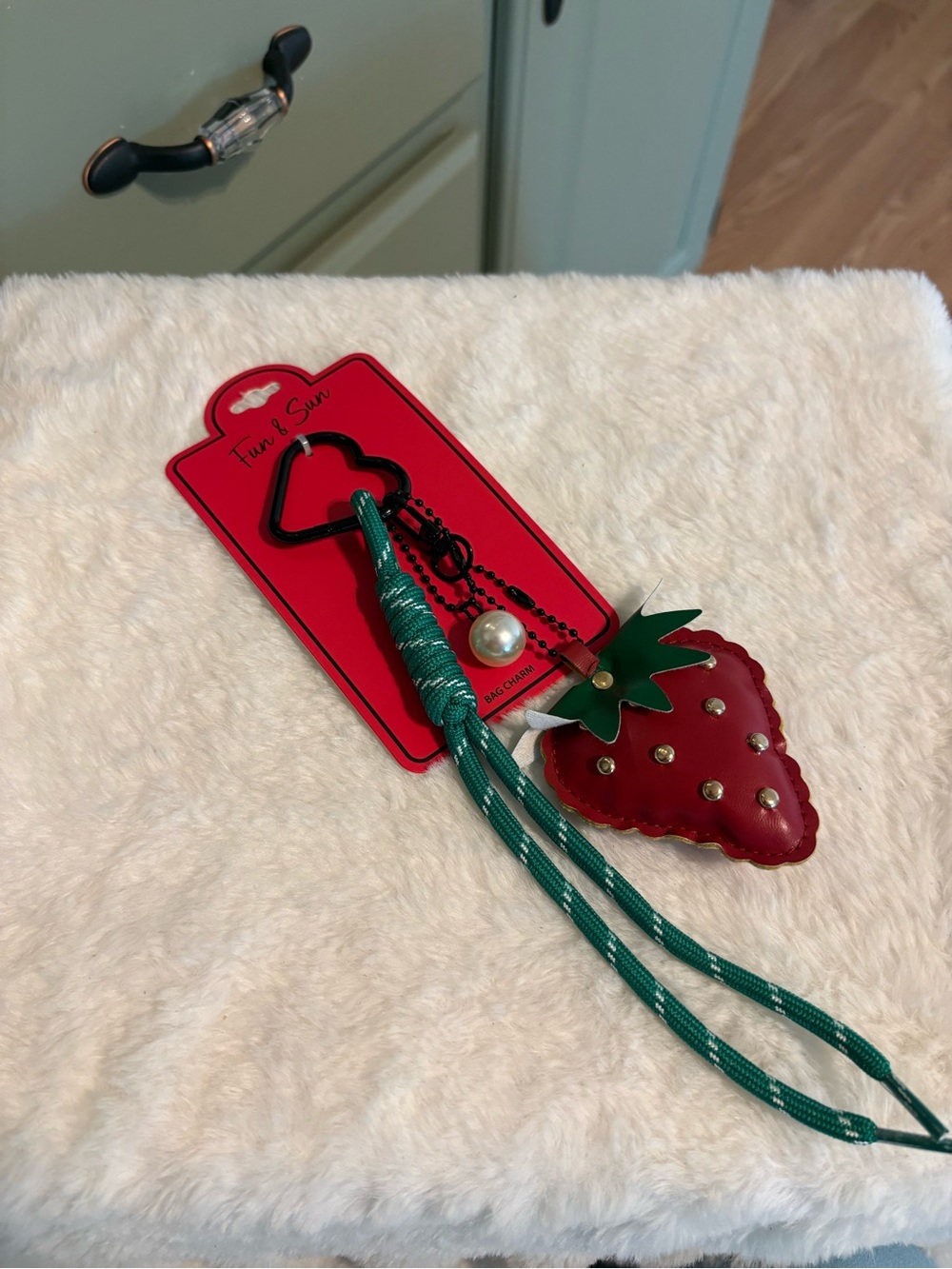 Red Strawberry Keychain with Green Tassel
